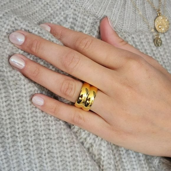 Size 7 Gold Plated Stainless Steel Wide Double Band Chunky Ring - Picture 13 of 15